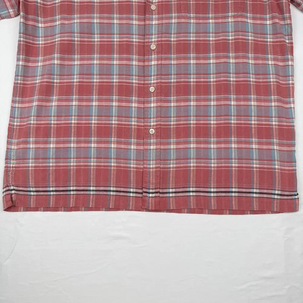 Chaps Ralph Lauren Plaid Button-Up Shirt Hemp Cotton Coral 90s Y2K Large